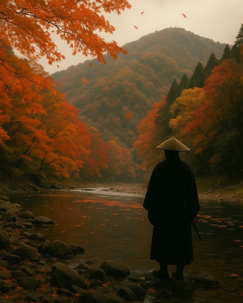 百人一首第69番 能因法師『嵐吹く』背景解説–紅葉のしらべ「嵐吹く 三室の山の もみぢ葉は 竜田の川の 錦なりけり」の情景をテーマにしたイメージの画像