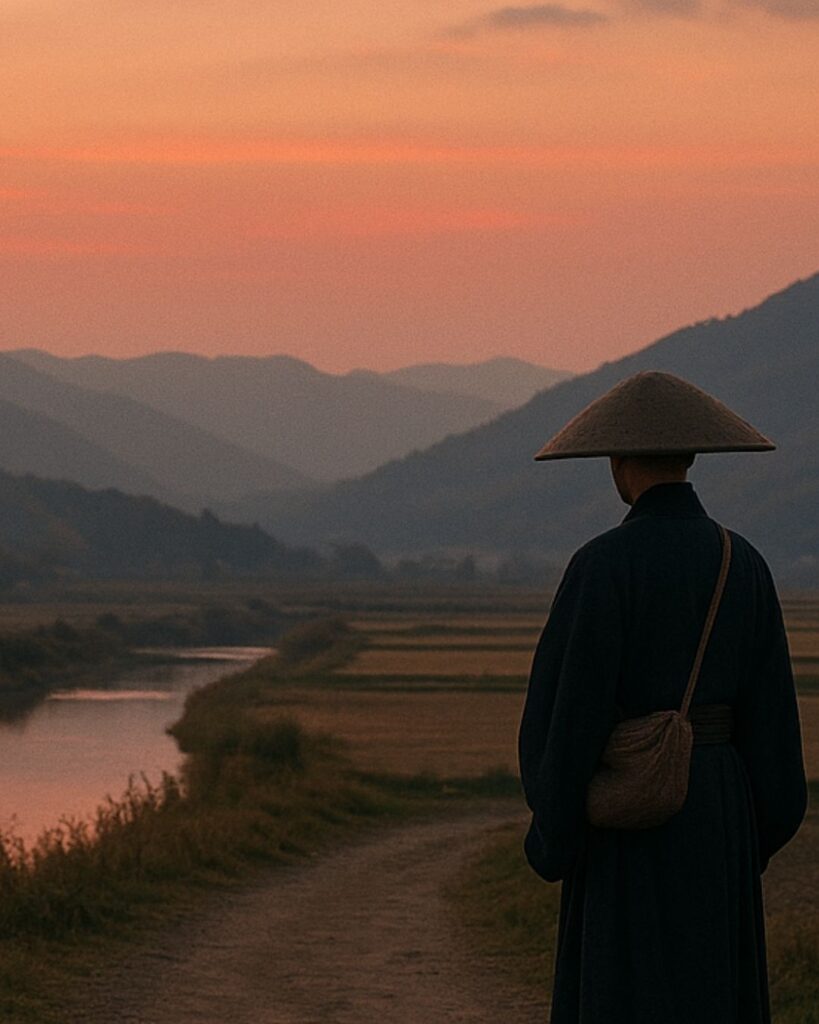 百人一首第70番 良暹法師『寂しさに』背景解説–寂しさに立つ「寂しさに　宿を立ち出でて　ながむれば　いづこも同じ　秋の夕暮れ」の情景をテーマにしたイメージの画像