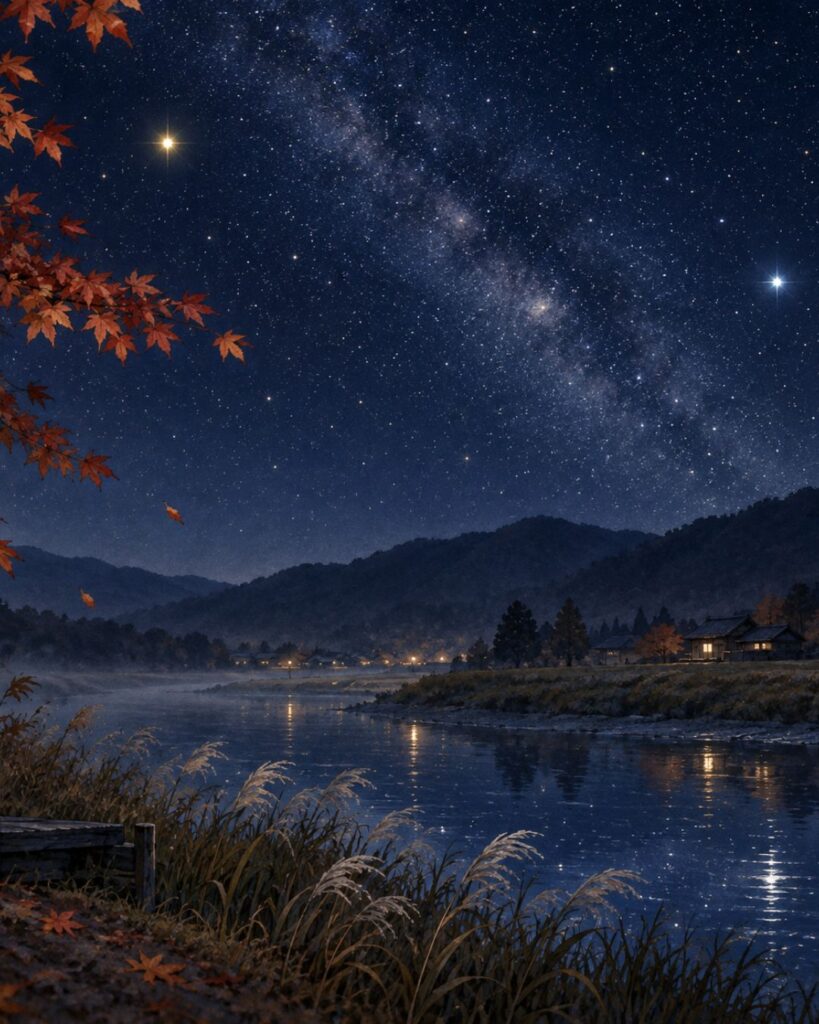 小林一茶の秋の俳句5選｜旅と別れに見る秋の景色「世の中や　あかぬ別れは　星にさへ」この俳句をイメージした画像