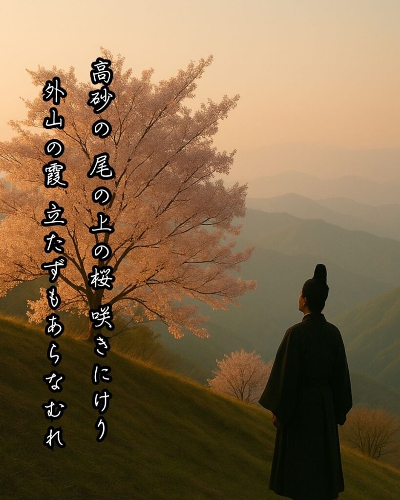 百人一首第73番 大江匡房『高砂の』背景解説–惜しむ花の春「高砂の 尾の上の桜 咲きにけり 外山の霞 立たずもあらなむ」の情景をテーマにした和歌とイメージの画像