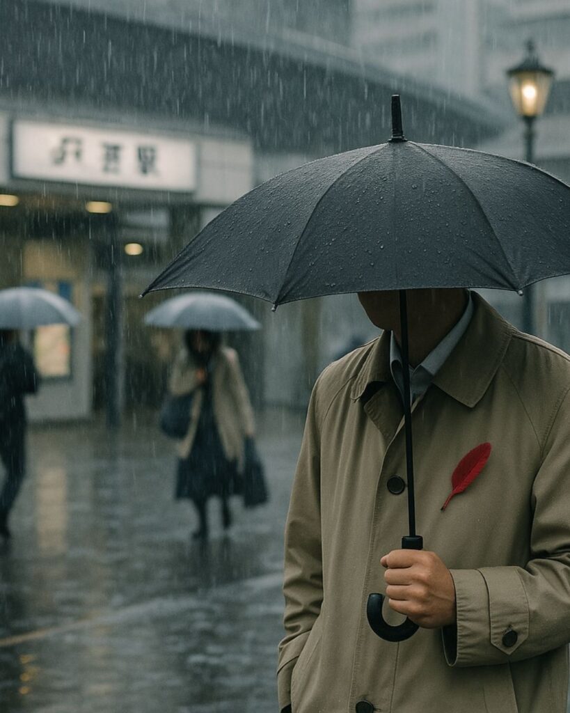 水原秋桜子の秋の俳句5選-代表作をわかりやすく解説！「駅頭の　雨瀧なせり　愛の羽根」この俳句をイメージした画像