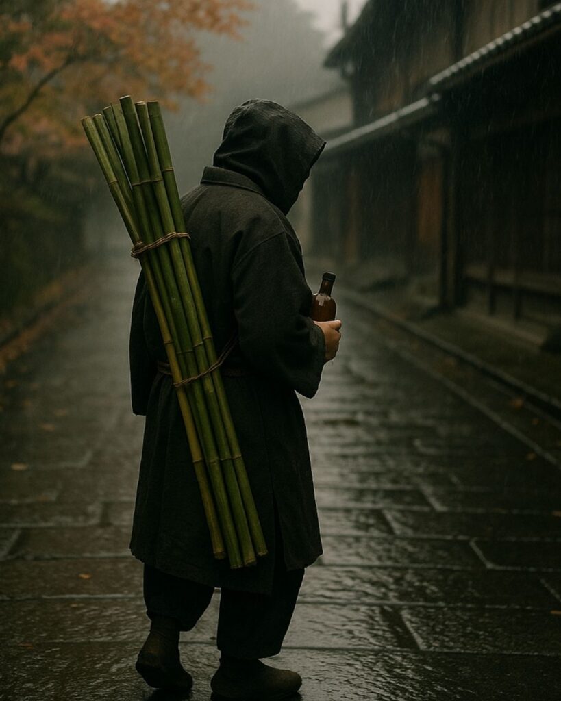立花北枝の秋の俳句5選-代表作をわかりやすく解説！「竹売て　酒手にわびむ　秋時雨」この俳句をイメージした画像