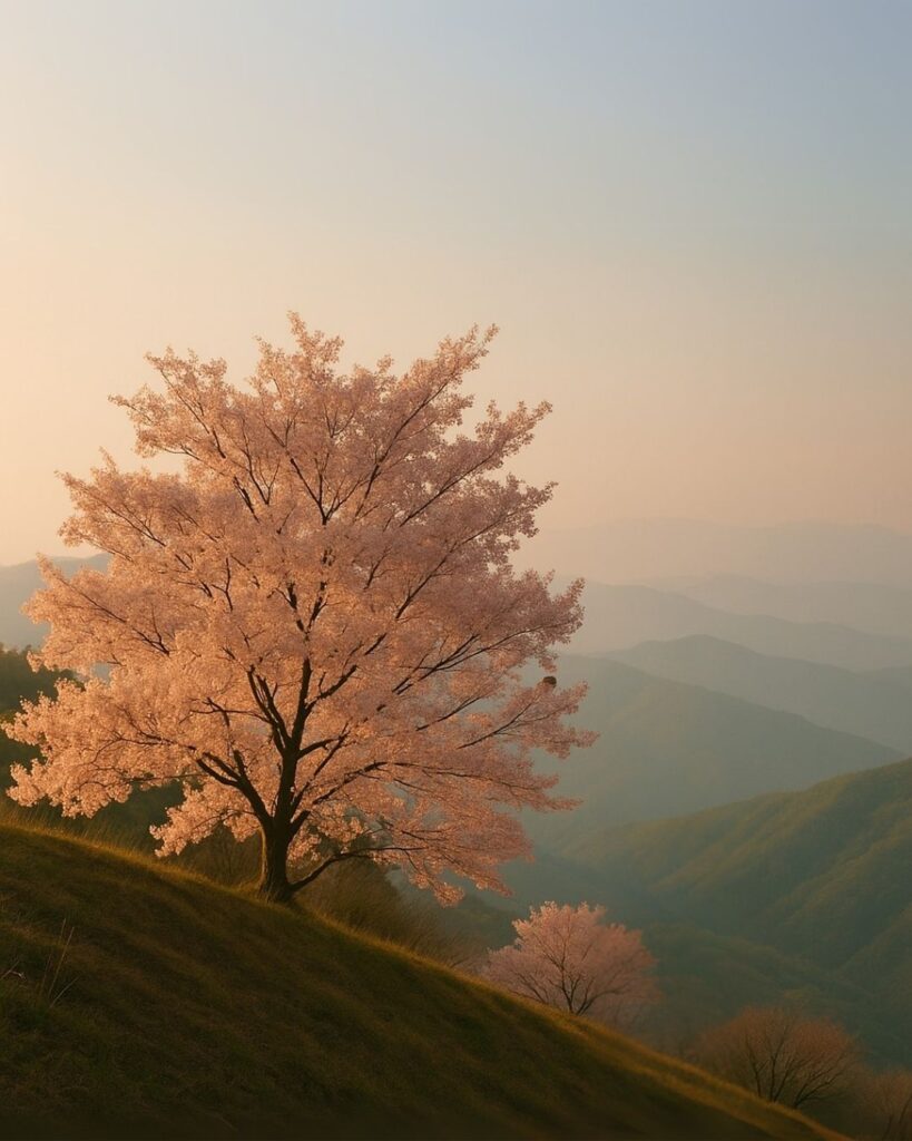 百人一首第73番 大江匡房『高砂の』背景解説–惜しむ花の春「高砂の 尾の上の桜 咲きにけり 外山の霞 立たずもあらなむ」の情景をテーマにしたイメージの画像