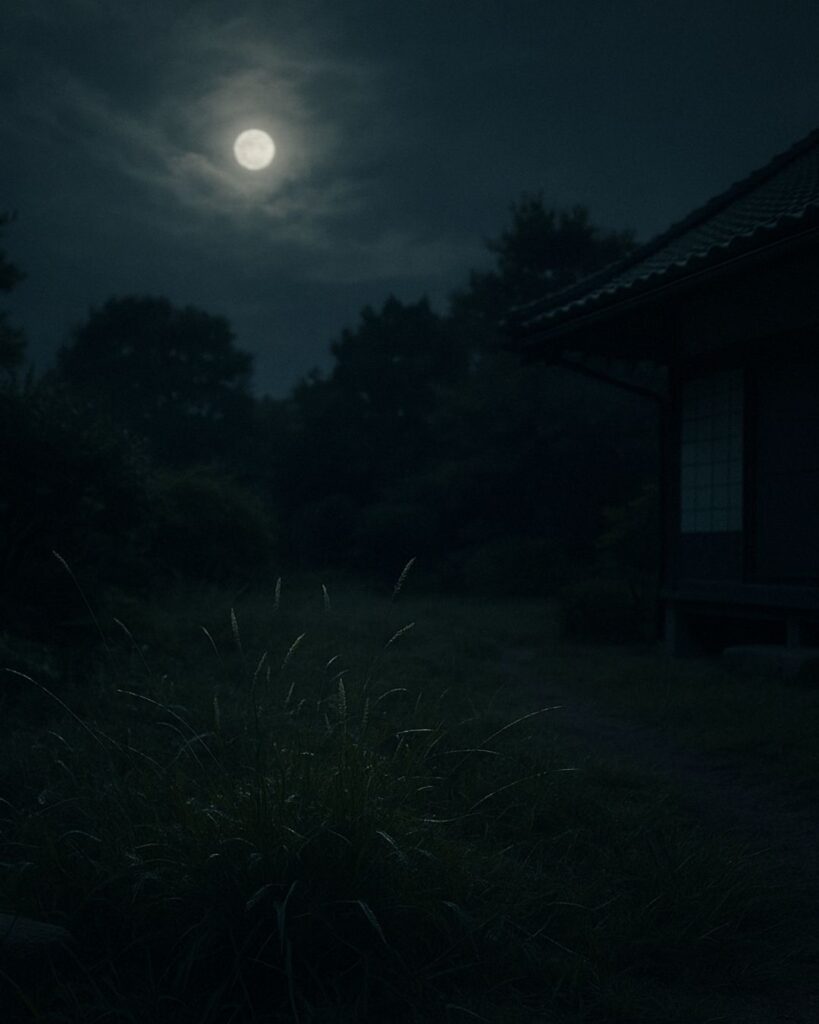 伊藤左千夫の秋の短歌5選-代表作をわかりやすく解説！「かへらんと おり立つ庭の 草むらに こほろぎ鳴きて 月薄曇る」この短歌をイメージした画像