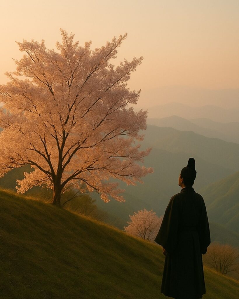 百人一首第73番 大江匡房『高砂の』背景解説–惜しむ花の春「高砂の 尾の上の桜 咲きにけり 外山の霞 立たずもあらなむ」の情景をテーマにしたイメージの画像