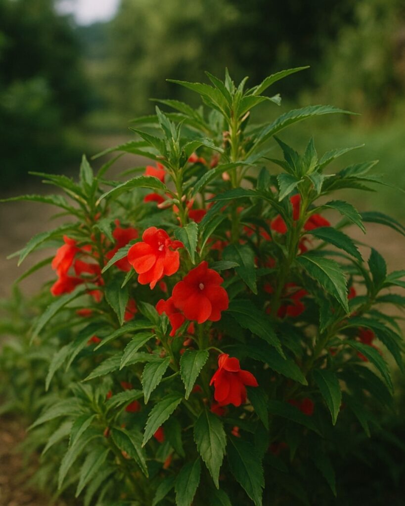 中村憲吉の秋の短歌5選-代表作をわかりやすく解説！「鳳仙花 葉立ちみだれて 赤き花 わが恋ひごころ すぞろなるかも」この短歌をイメージした画像
