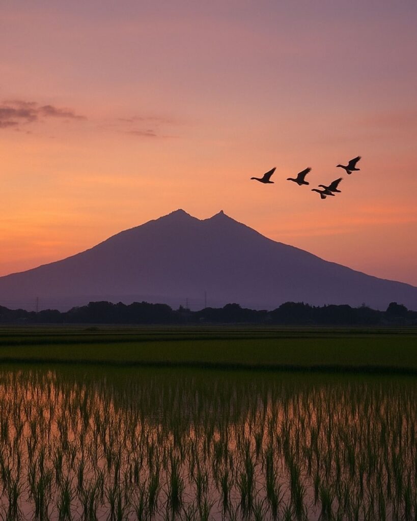 長塚節の秋の短歌5選-代表作をわかりやすく解説!「夕されば むらさき匂ふ 筑波嶺の しづくの田居に 雁鳴き渡る」この短歌をイメージした画像