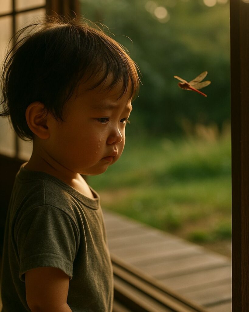 中村汀女の秋の俳句5選-代表作をわかりやすく解説!「泣きし子の 頬の光りや とぶ蜻蛉」この俳句をイメージした画像