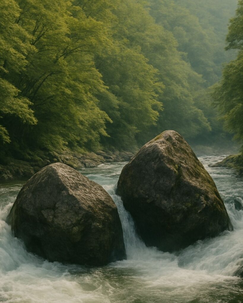 百人一首第77番 崇徳天皇『瀬をはやみ』背景解説–われても逢はむ「瀬をはやみ　岩にせかるる　滝川の　われても末に　逢はむとぞ思ふ」の情景をテーマにしたイメージの画像