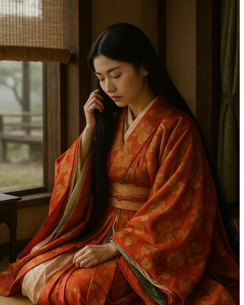 百人一首第80番 待賢門院堀河『長からむ』背景解説–恋のほつれ「長からむ 心も知らず 黒髪の 乱れて今朝は 物をこそ思へ」の情景をテーマにしたイメージの画像