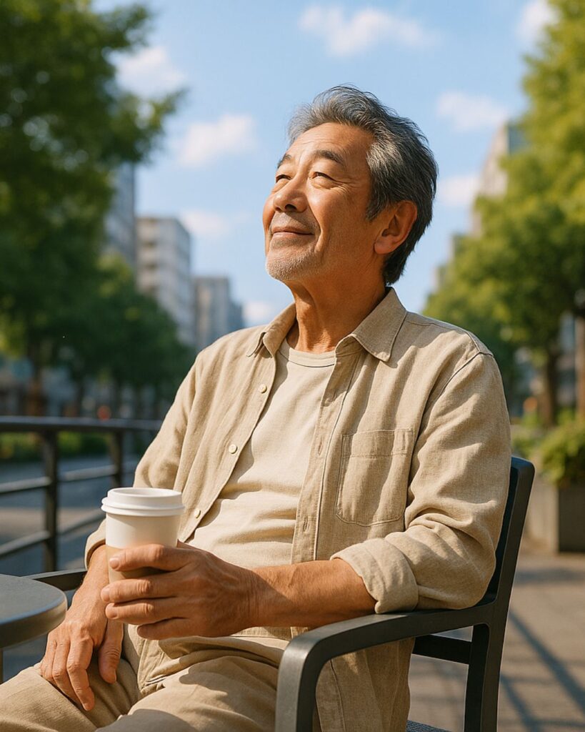 高田純次の名言9選–ゆるく生きる天才哲学「今を大事にしてるから、過去も未来も気にしない。」この名言のイメージイラスト