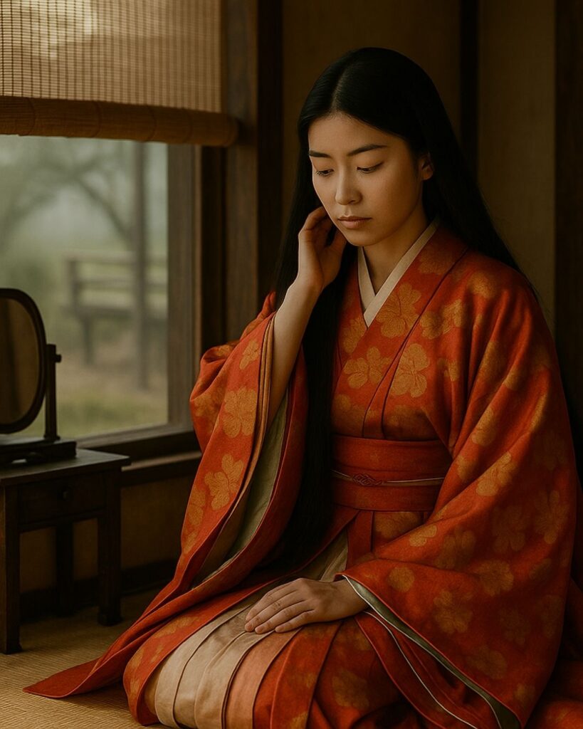 百人一首第80番 待賢門院堀河『長からむ』背景解説–恋のほつれ「長からむ 心も知らず 黒髪の 乱れて今朝は 物をこそ思へ」の情景をテーマにしたイメージの画像