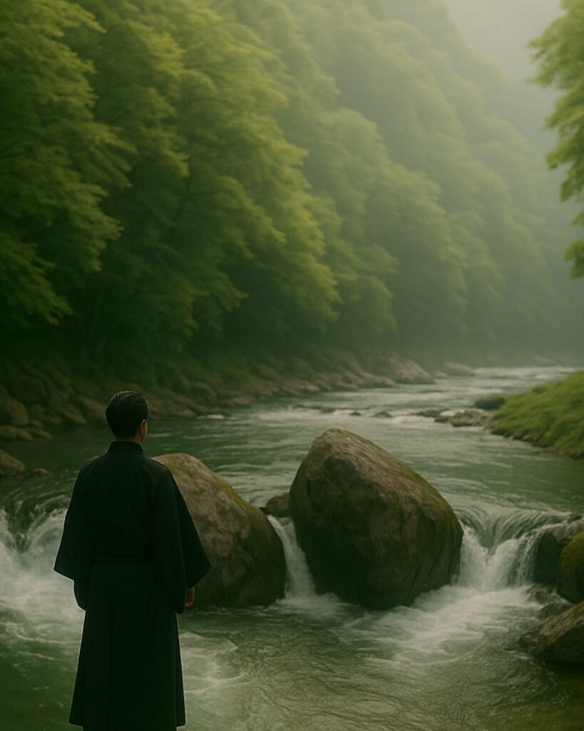 百人一首第77番 崇徳天皇『瀬をはやみ』背景解説–われても逢はむ「瀬をはやみ　岩にせかるる　滝川の　われても末に　逢はむとぞ思ふ」の情景をテーマにしたイメージの画像