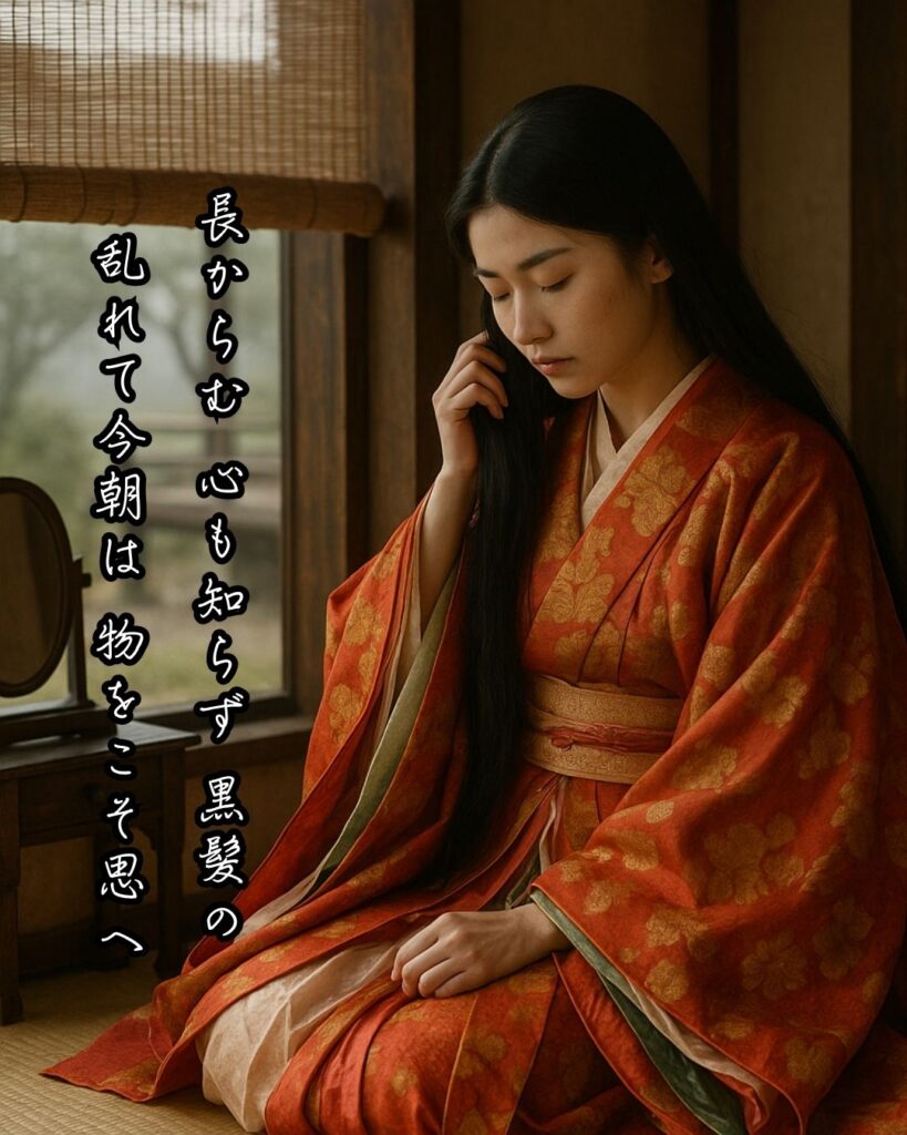 百人一首第80番 待賢門院堀河『長からむ』背景解説–恋のほつれ「長からむ 心も知らず 黒髪の 乱れて今朝は 物をこそ思へ」の情景をテーマにした和歌とイメージの画像