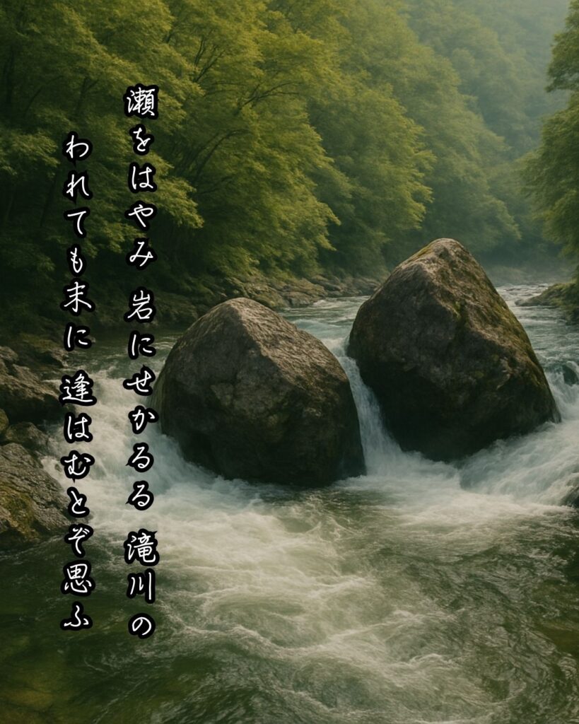 百人一首第77番 崇徳天皇『瀬をはやみ』背景解説–われても逢はむ「瀬をはやみ　岩にせかるる　滝川の　われても末に　逢はむとぞ思ふ」の情景をテーマにした和歌とイメージの画像