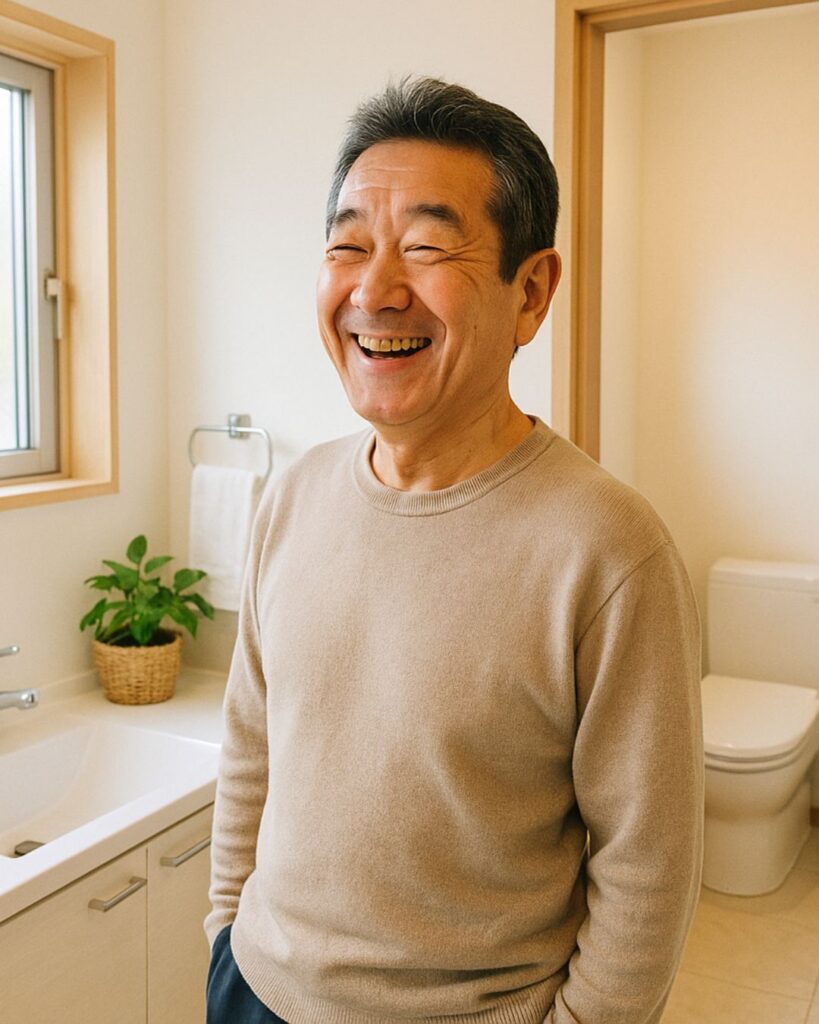 高田純次の名言9選–ゆるく生きる天才哲学「自慢じゃないけど、うちのトイレは水洗。いや、自慢かも。」この名言のイメージイラスト