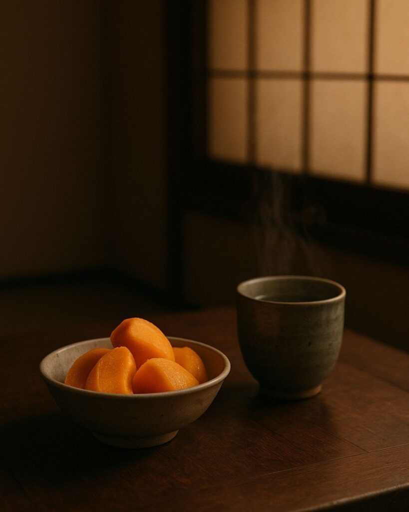 島木赤彦の秋の短歌5選-代表作をわかりやすく解説！「柿の皮 剥きてしまへば 茶をいれぬ 夜の長きこそ うれしかりけれ」この短歌をイメージした画像