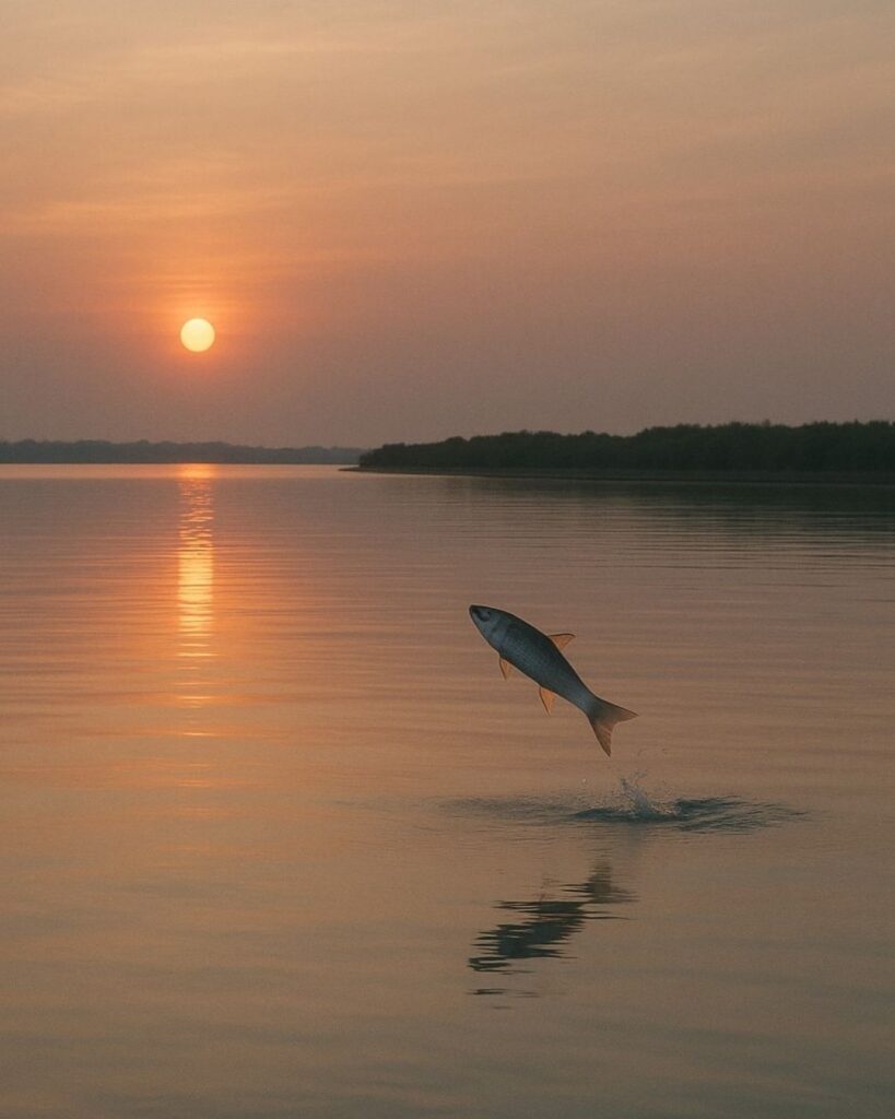河東碧梧桐の秋の俳句5選-代表作をわかりやすく解説!「鰡の飛ぶ 夕潮の 真ッ平かな」この俳句をイメージした画像