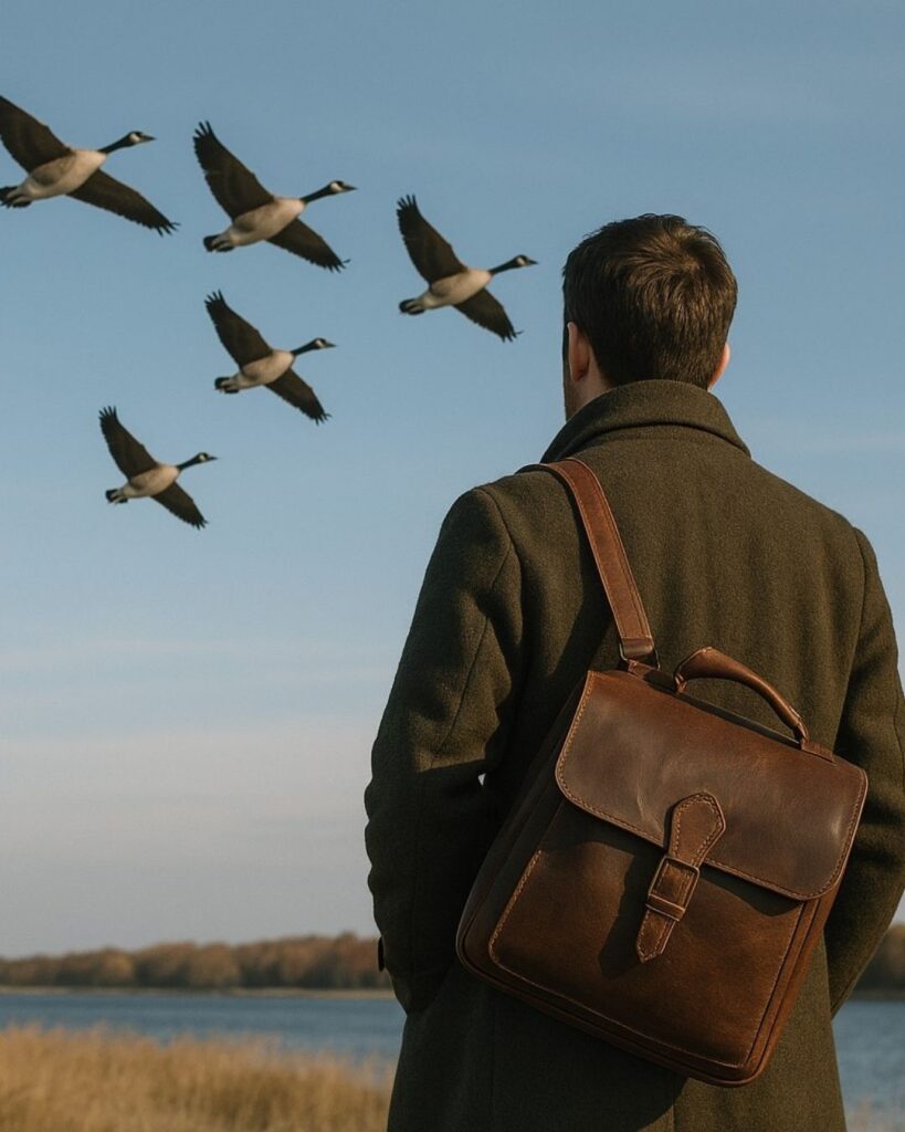 中村草田男の秋の俳句5選-代表作をわかりやすく解説!「鴨渡る 鍵も小さき 旅鞄」この俳句をイメージした画像