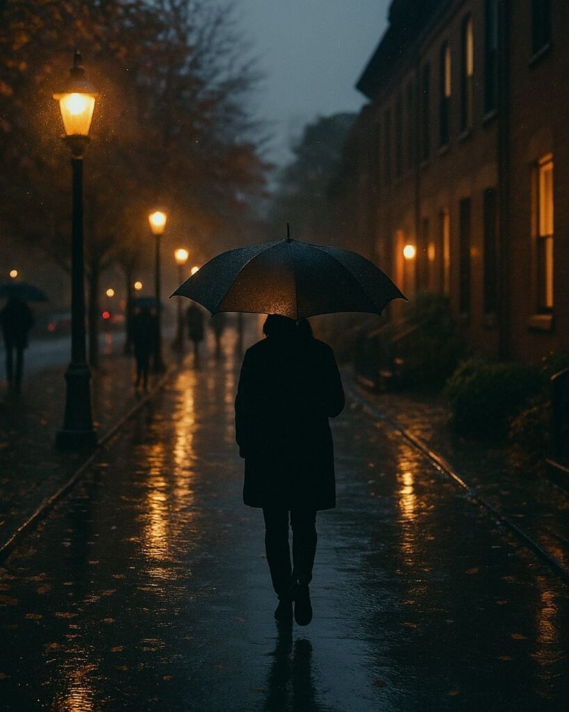 中村憲吉の秋の短歌5選-代表作をわかりやすく解説！「秋のあめ 外暮れがたみ 行く人の 傘のうへには まだ明りあり」この短歌をイメージした画像