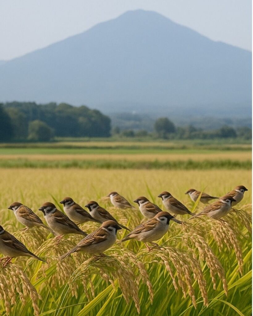 飯田蛇笏の秋の俳句5選-代表作をわかりやすく解説！「稲雀　大菩薩嶺は　ひるかすむ」この俳句をイメージした画像