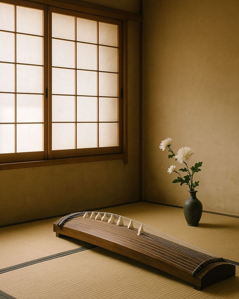 与謝野鉄幹の秋の短歌5選-代表作をわかりやすく解説!「琴のあたり しら菊ひと枝 いけて見れば わびしくもあらず わが四畳半」この短歌をイメージした画像