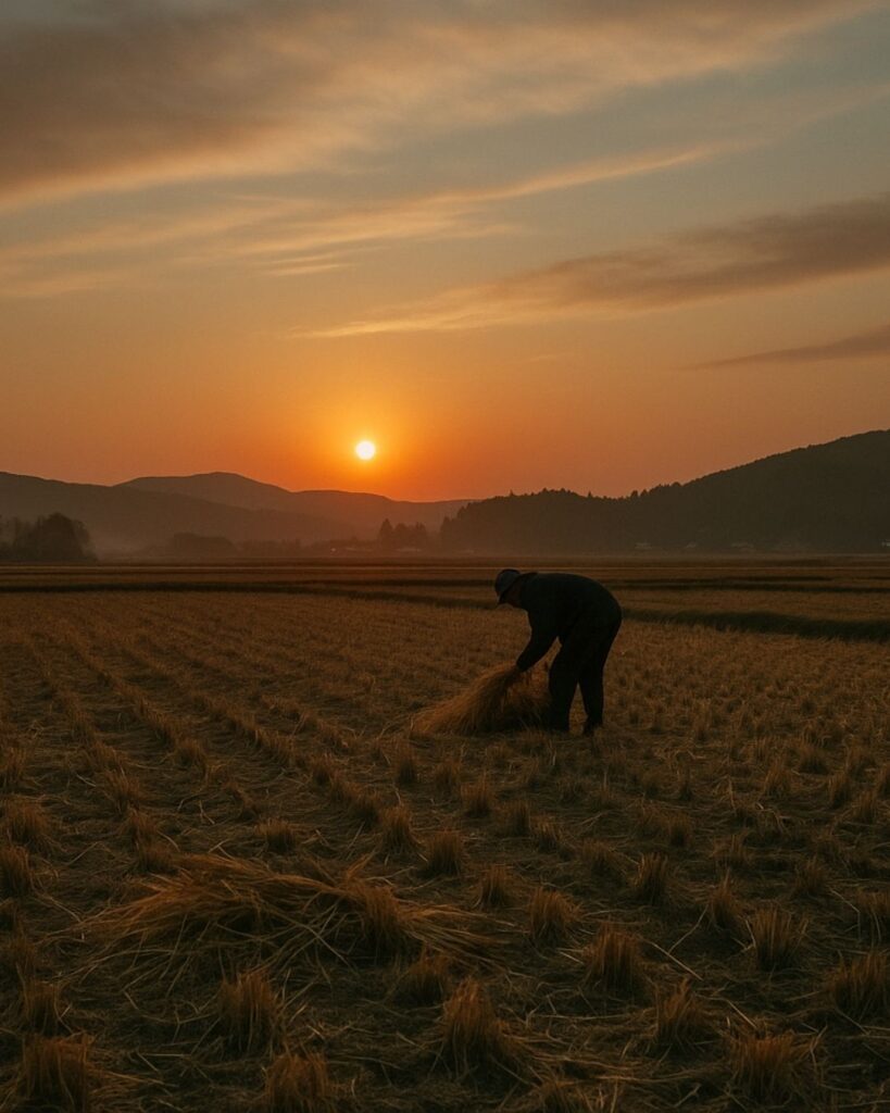 中村憲吉の秋の短歌5選-代表作をわかりやすく解説！「眼にとめて 吾も寂しき 日暮れがた 刈田のうへに 穂をひろふ見ゆ」この短歌をイメージした画像