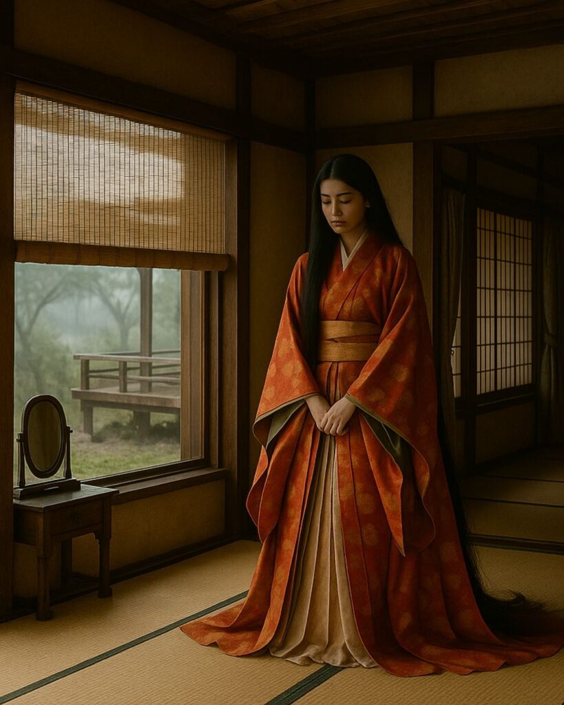 百人一首第80番 待賢門院堀河『長からむ』背景解説–恋のほつれ「長からむ 心も知らず 黒髪の 乱れて今朝は 物をこそ思へ」の情景をテーマにしたイメージの画像