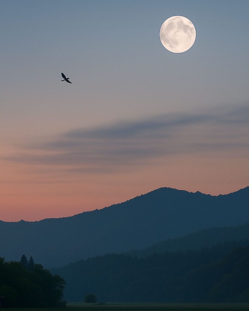 百人一首第81番 徳大寺実定『ほととぎす』背景解説–声のあと月「ほととぎす　鳴きつる方を　ながむれば　ただ有明の　月ぞ残れる」の情景をテーマにしたイメージの画像