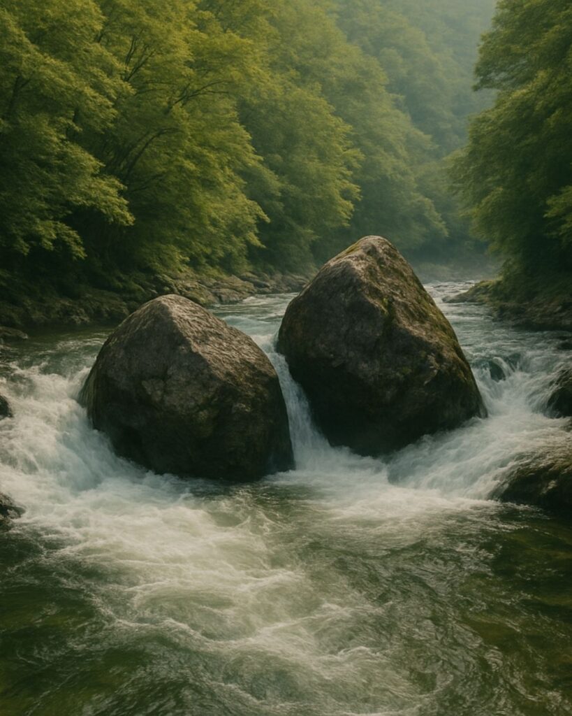 百人一首第77番 崇徳天皇『瀬をはやみ』背景解説–われても逢はむ「瀬をはやみ　岩にせかるる　滝川の　われても末に　逢はむとぞ思ふ」の情景をテーマにしたイメージの画像