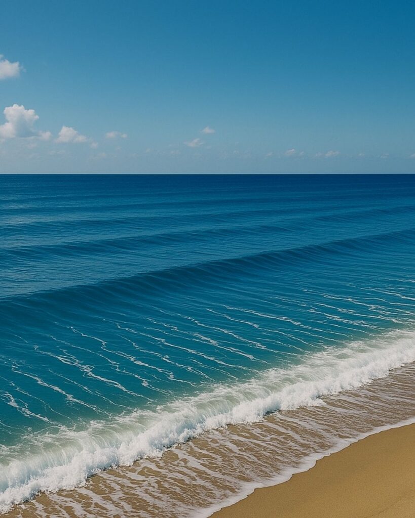 中村草田男の秋の俳句5選-代表作をわかりやすく解説!「葉月潮 海は千筋の 紺に澄み」この俳句をイメージした画像