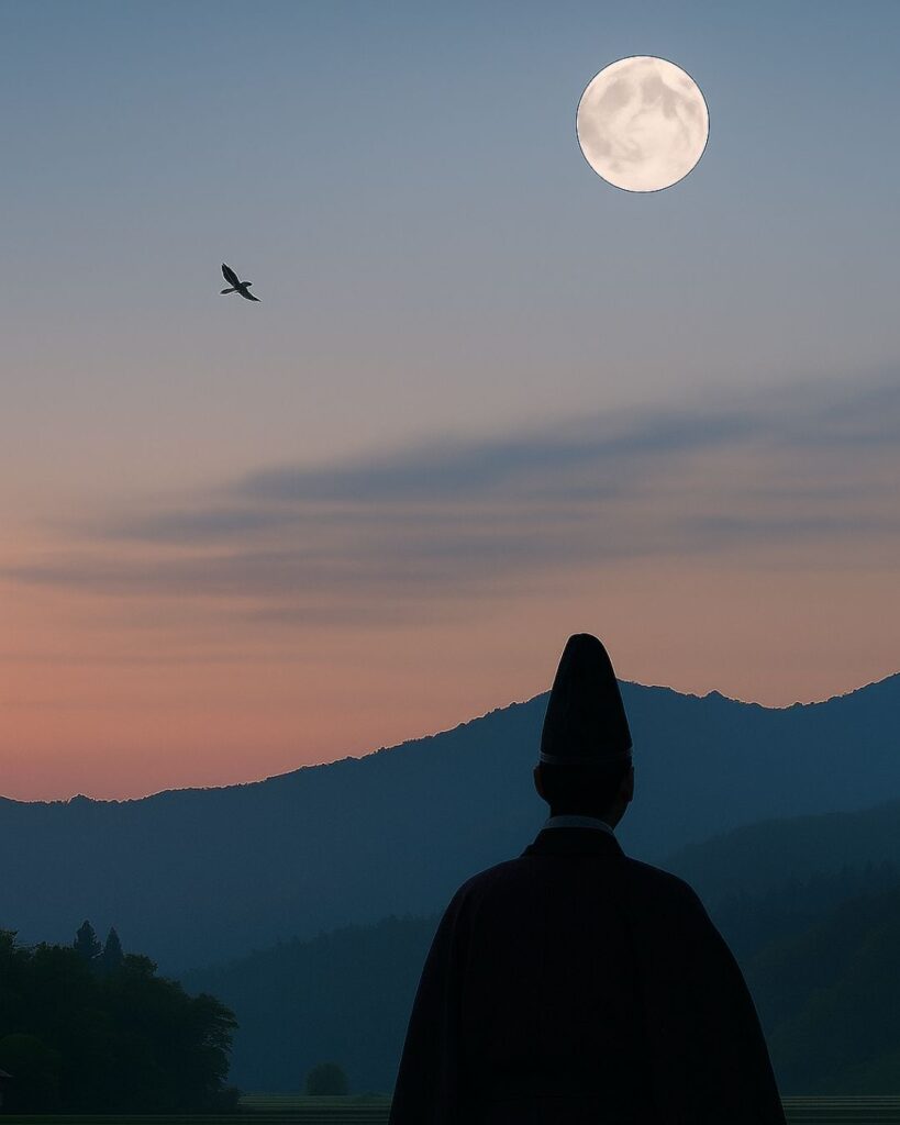 百人一首第81番 徳大寺実定『ほととぎす』背景解説–声のあと月「ほととぎす　鳴きつる方を　ながむれば　ただ有明の　月ぞ残れる」の情景をテーマにしたイメージの画像