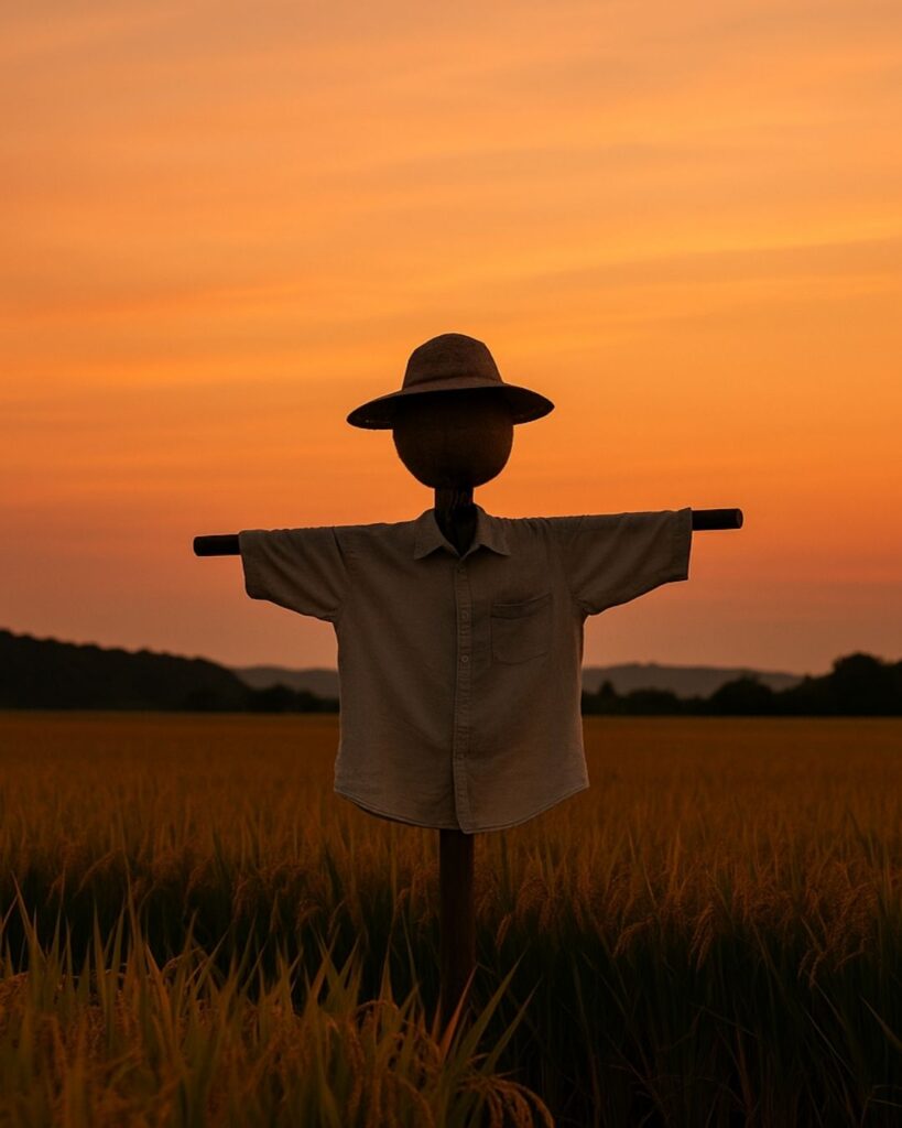 富安風生の秋の俳句5選-代表作をわかりやすく解説!「夕空の なごみわたれる 案山子かな」この俳句をイメージした画像