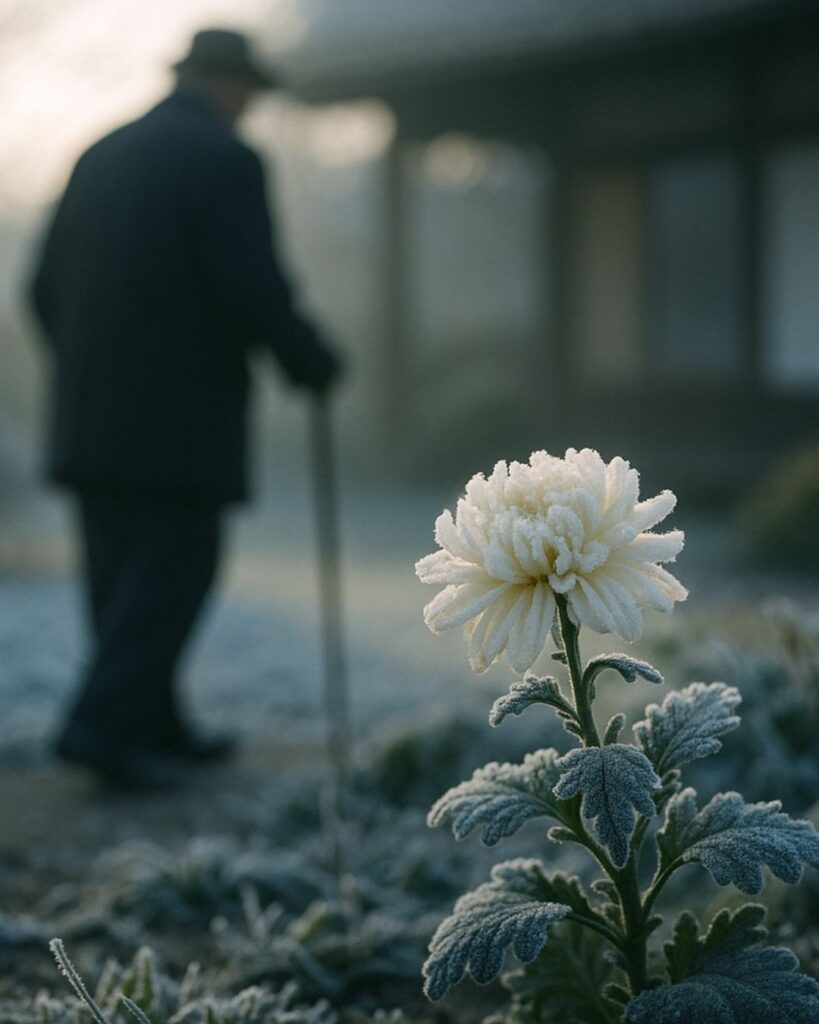 服部嵐雪の冬の俳句5選-代表作をわかりやすく解説！「霜の菊　杖がなければ　おきふしも」この俳句をイメージした画像