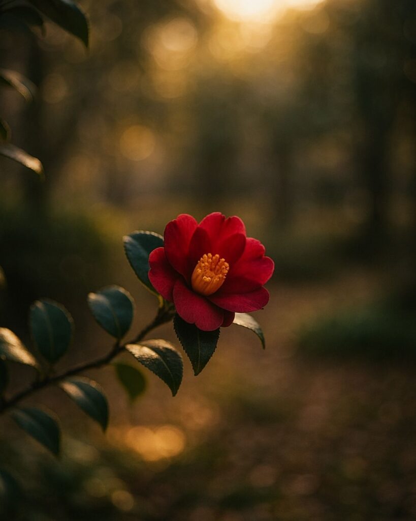 与謝野晶子の冬の短歌5選-代表作をわかりやすく解説！「あな恋し 琥珀の色の 冬の日の 中に君あり 椿となりて」この短歌をイメージした画像