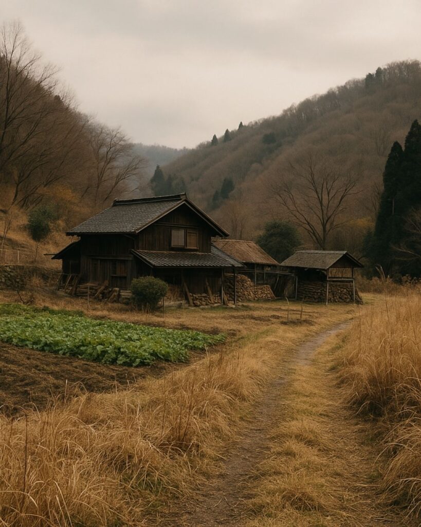 向井去来の冬の俳句5選-代表作をわかりやすく解説!「山畑や 青みのこして 冬構へ」この俳句をイメージした画像