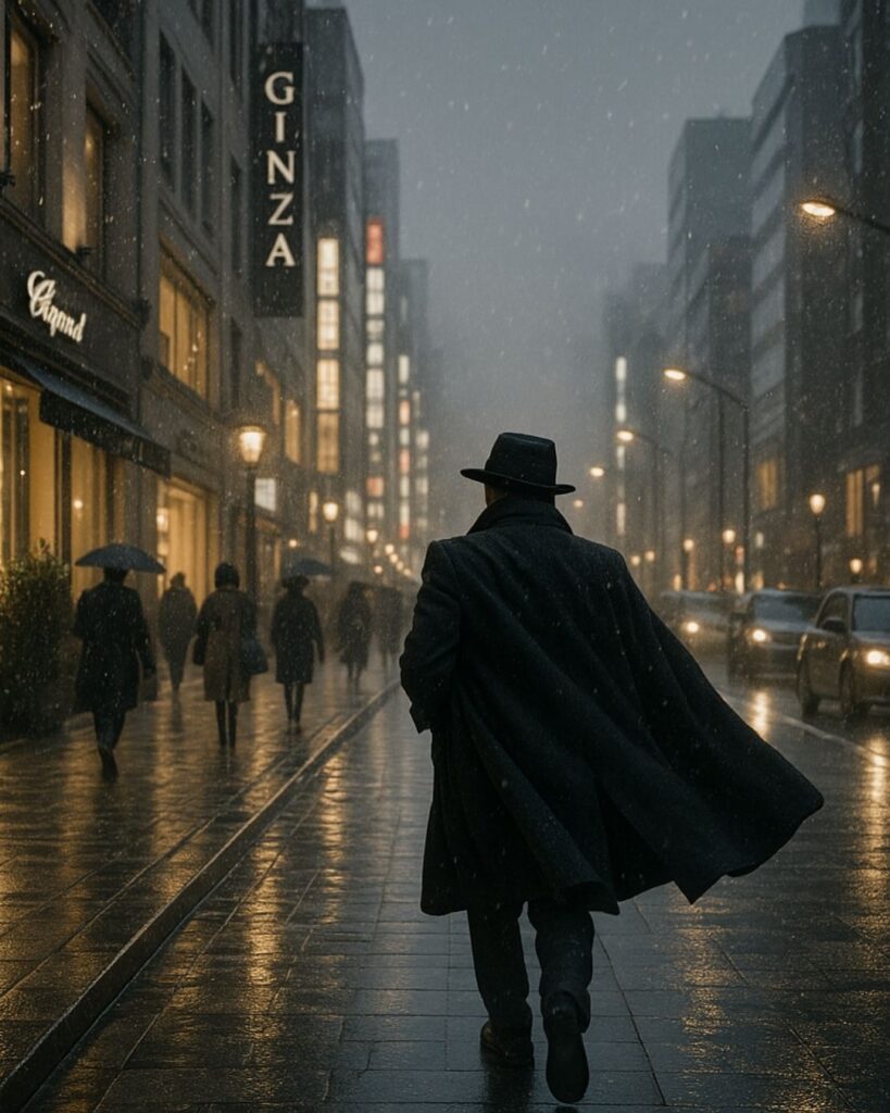 北原白秋の冬の短歌5選-代表作をわかりやすく解説！「いちはやく 冬のマントを ひきまはし 銀座いそげば ふる霙かな」この短歌をイメージした画像