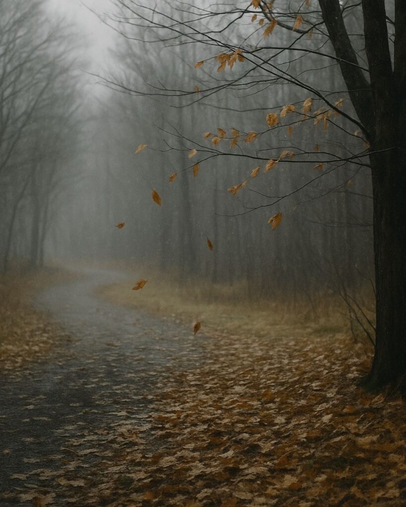 正岡子規の冬の短歌5選-代表作をわかりやすく解説！「時雨ふる 冬としなれば 木枯の ふくとも見えず 木の葉ちる也」この短歌をイメージした画像