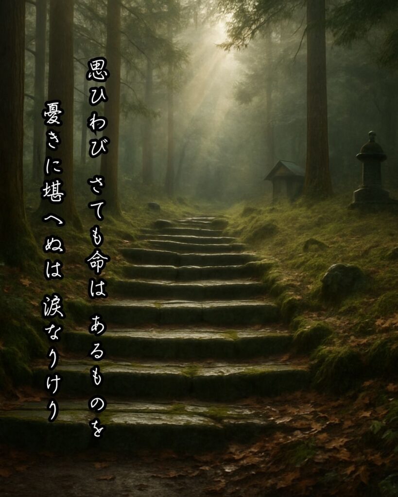 百人一首第82番 藤原敦頼『思ひわび』背景解説–堪へぬ想い「思ひわび　さても命は　あるものを　憂きに堪へぬは　涙なりけり」の情景をテーマにした和歌とイメージの画像