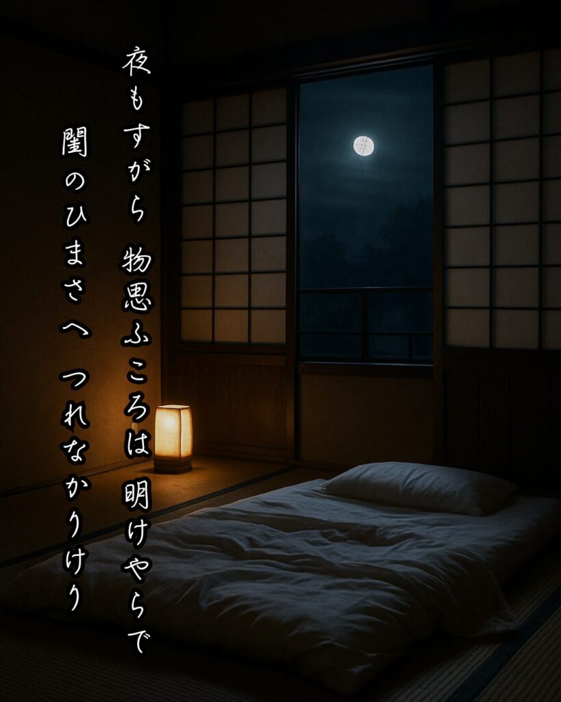 百人一首第85番 俊恵『夜もすがら』背景解説–つれなき夜更け「夜もすがら 物思ふころは 明けやらで 閨のひまさへ つれなかりけり」の情景をテーマにした和歌とイメージの画像