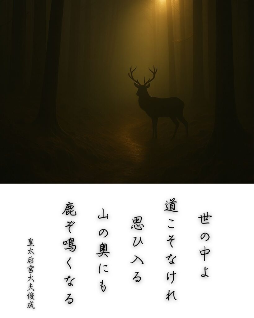 百人一首第83番 藤原俊成『世の中よ』背景解説–道なき嘆き「世の中よ　道こそなけれ　思ひ入る　山の奥にも　鹿ぞ鳴くなる」の情景をテーマにした和歌とイメージの画像