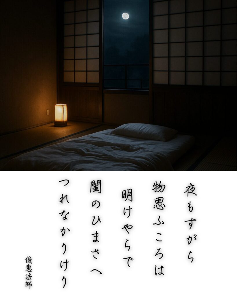百人一首第85番 俊恵『夜もすがら』背景解説–つれなき夜更け「夜もすがら 物思ふころは 明けやらで 閨のひまさへ つれなかりけり」の情景をテーマにした和歌とイメージの画像