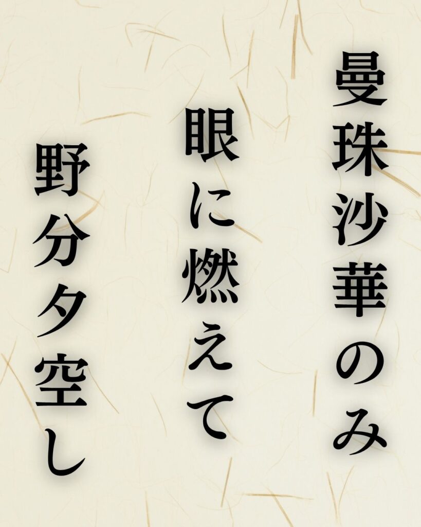 種田山頭火の秋の俳句5選-代表作をわかりやすく解説！「曼珠沙華のみ　眼に燃えて　野分夕空し」この俳句を記載した画像