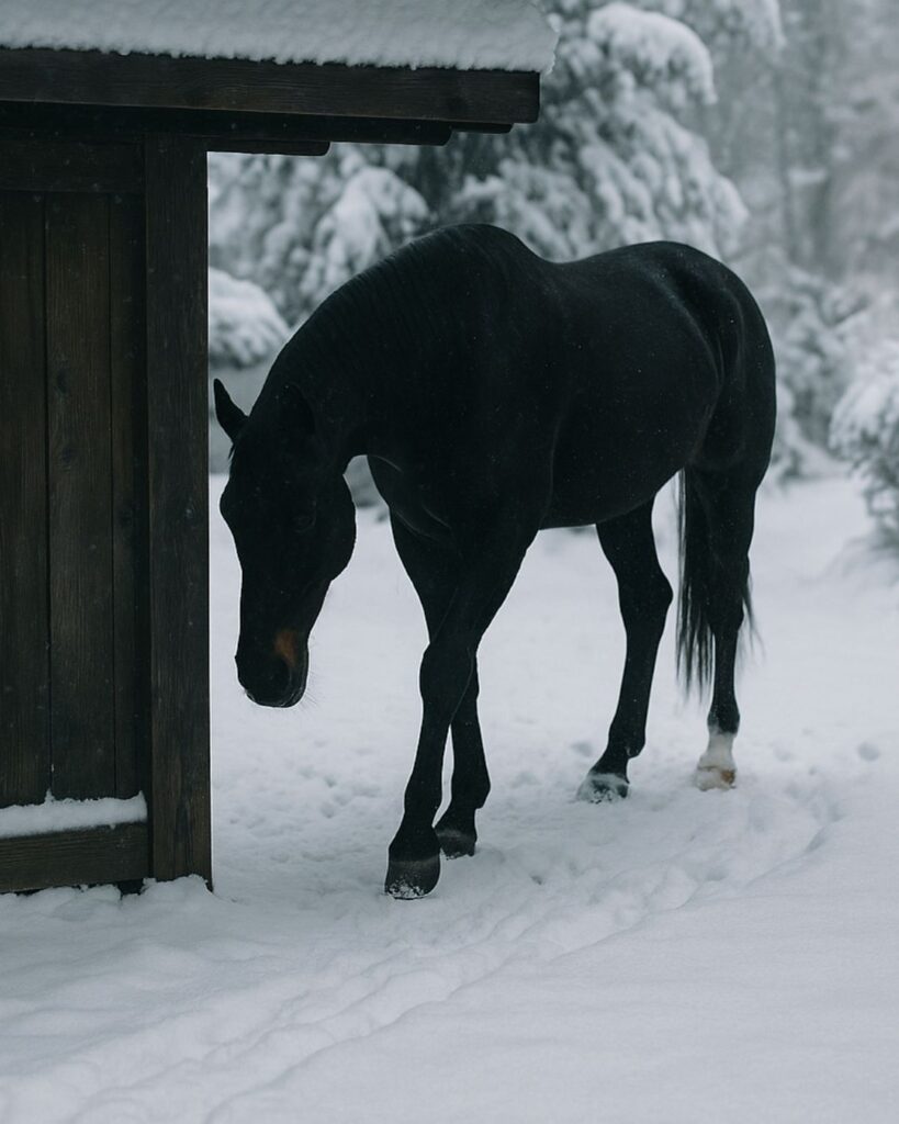 与謝野晶子の冬の短歌5選-代表作をわかりやすく解説！「雪の日の 門の口より 見ゆるなり 黒くめでたき 馬の前脚」この短歌をイメージした画像