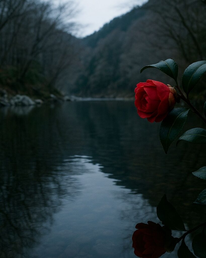 北原白秋の冬の短歌5選-代表作をわかりやすく解説！「山川の み冬の瀞に 影ひたす 椿は厚し 花ごもりつつ」この短歌をイメージした画像