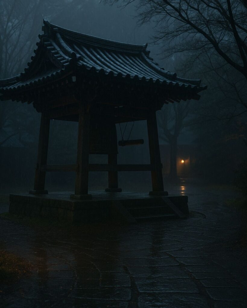 宝井其角の冬の俳句5選-代表作をわかりやすく解説！「あれきけと　時雨来る夜の　鐘の声」この俳句をイメージした画像