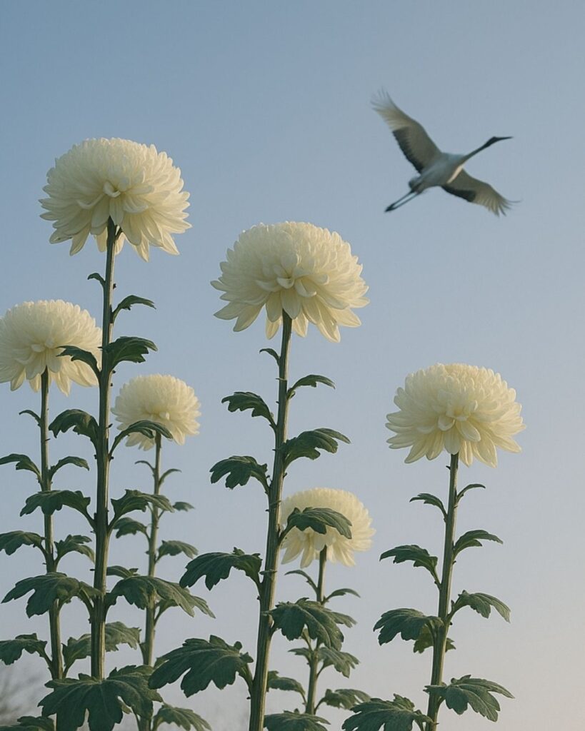 服部嵐雪の冬の俳句5選-代表作をわかりやすく解説！「鶴の声　菊七尺の　ながめかな」この俳句をイメージした画像