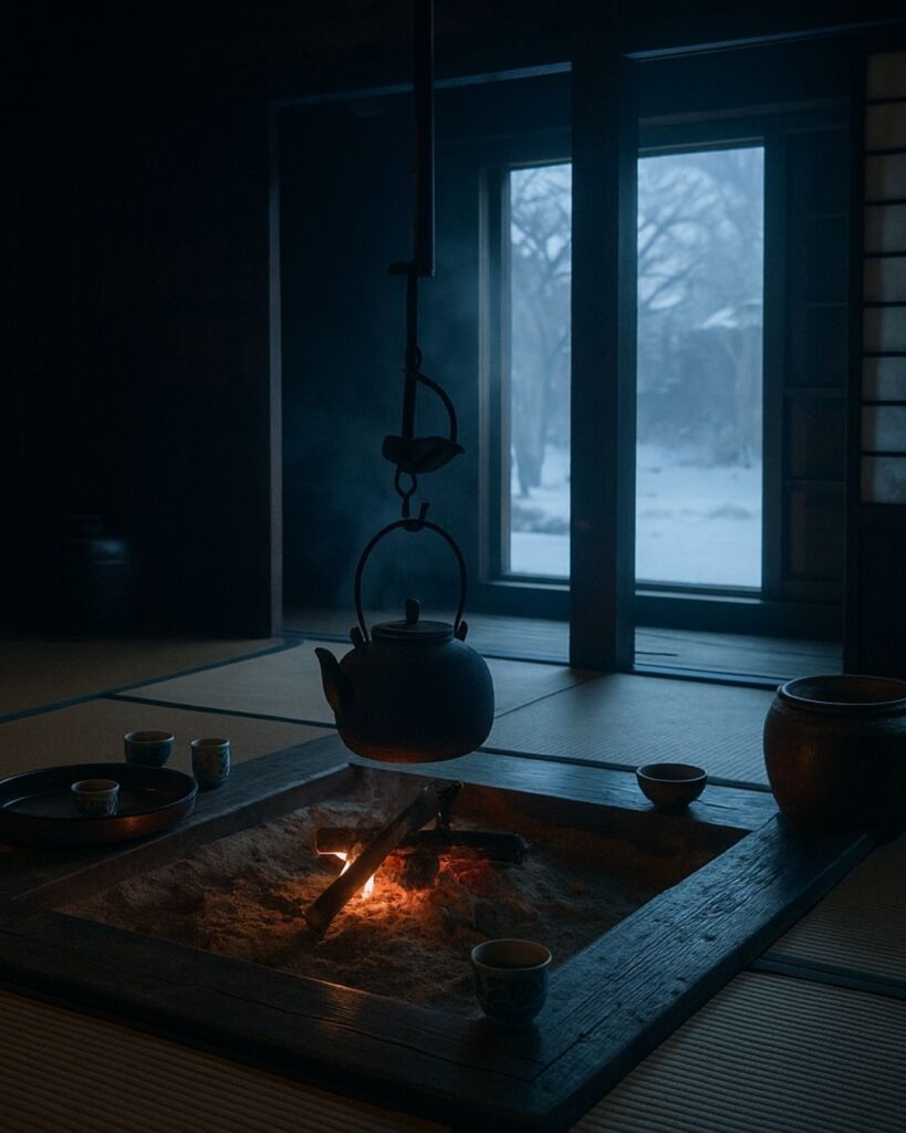 小林一茶の冬の俳句5選-代表作をわかりやすく解説!「炉のはたや よべの笑ひが 暇ごひ」この俳句をイメージした画像