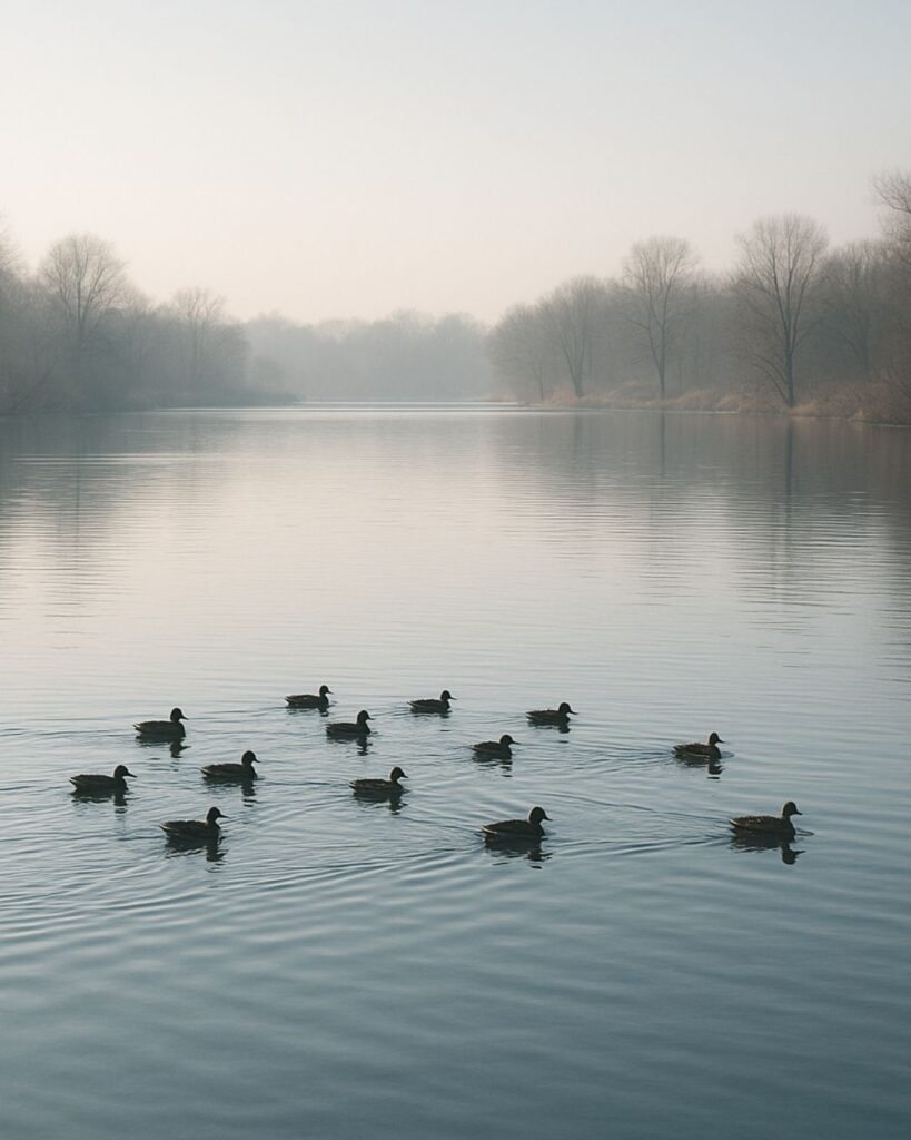 正岡子規の冬の俳句5選-代表作をわかりやすく解説！「水鳥の　すこしひろがる　日なみ哉」この俳句をイメージした画像