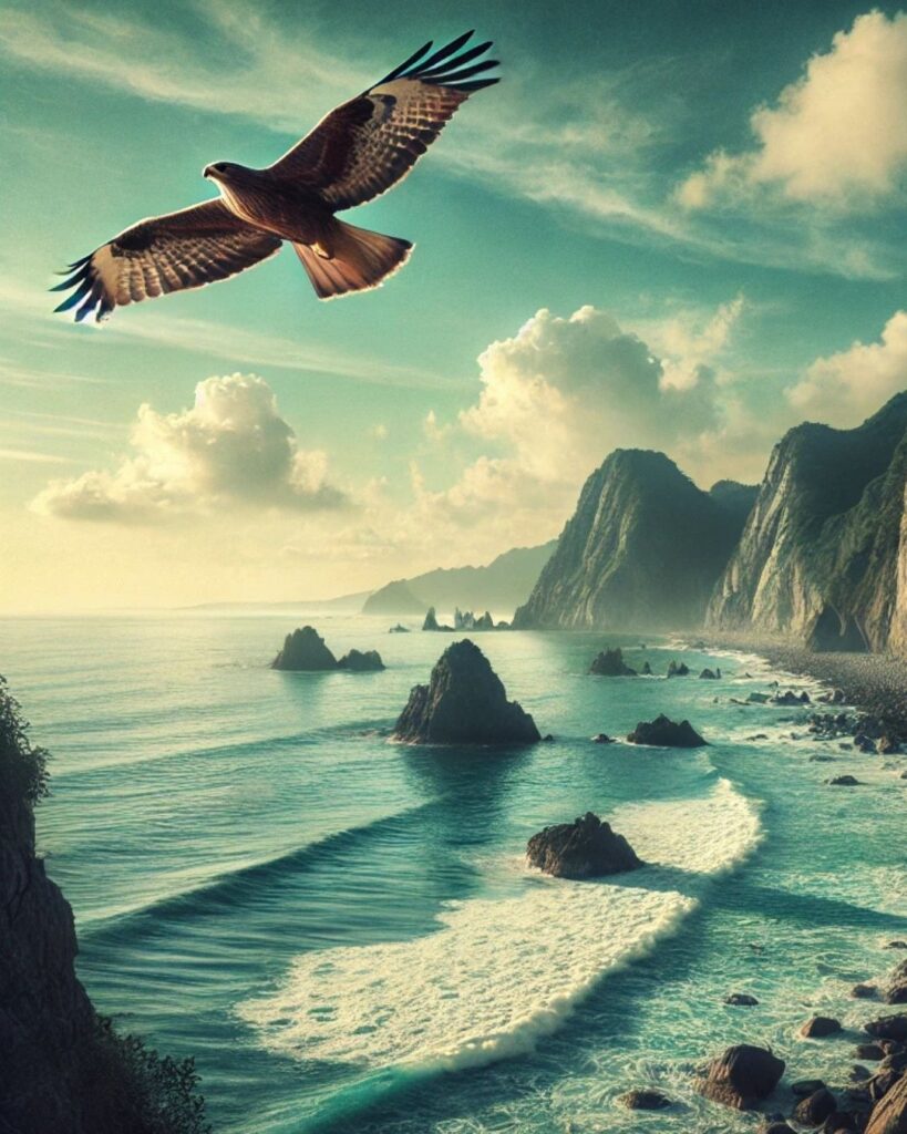 松尾芭蕉の冬の俳句5選-代表作をわかりやすく解説!「鷹一つ 見付けてうれし 伊良古崎」この俳句をイメージした画像